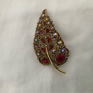 Vintage Gold color and Red Leaf Brooch